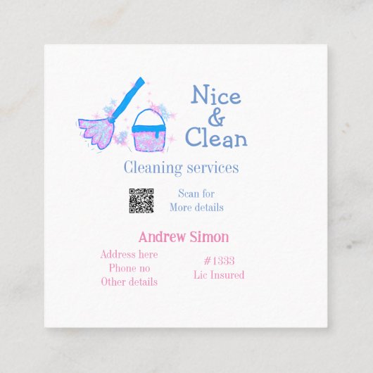 Blauw roze glitter clean mop naam adres toevoegen  vierkante visitekaartje (Achterkant)