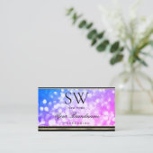 Blauw Roze Glitter Zwart en Gouden Rand Monogram Visitekaartje (Staand voorkant)