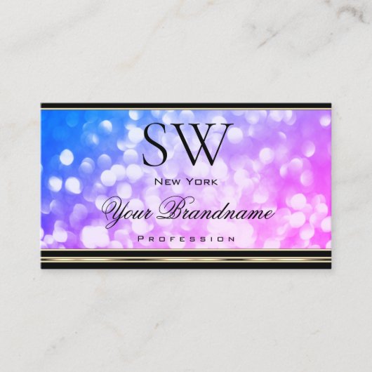 Blauw Roze Glitter Zwart en Gouden Rand Monogram Visitekaartje (Voorkant)