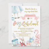 Blauw Roze Goud Alice in Onederland 1e verjaardag Kaart (Voorkant)