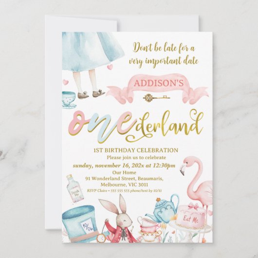 Blauw Roze Goud Alice in Onederland 1e verjaardag Kaart (Voorkant)