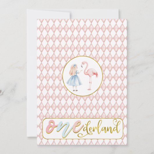 Blauw Roze Goud Alice in Onederland 1e verjaardag Kaart (Achterkant)