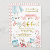 Blauw Roze Goud Alice in Onederland 1e verjaardag Kaart (Voorkant / Achterkant)