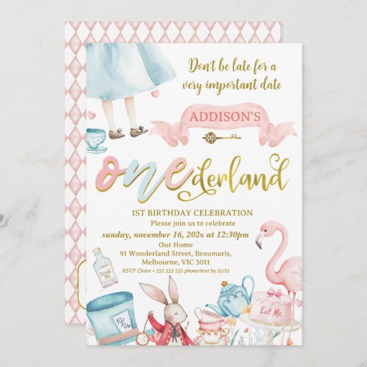 Blauw Roze Goud Alice in Onederland 1e verjaardag Kaart (Voorkant / Achterkant)