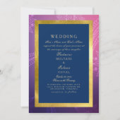 Blauw, Roze & Goud Koninklijke Indiase Stijl Bruil Kaart (Voorkant)