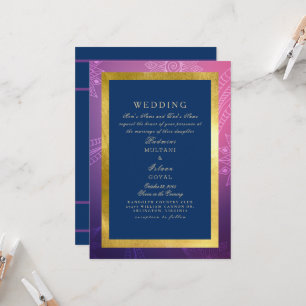 Blauw, Roze & Goud Koninklijke Indiase Stijl Bruil Kaart