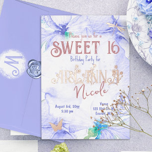 Blauw, Roze Goud Zoete 16 Wilde Bloem Letters Folie Uitnodiging