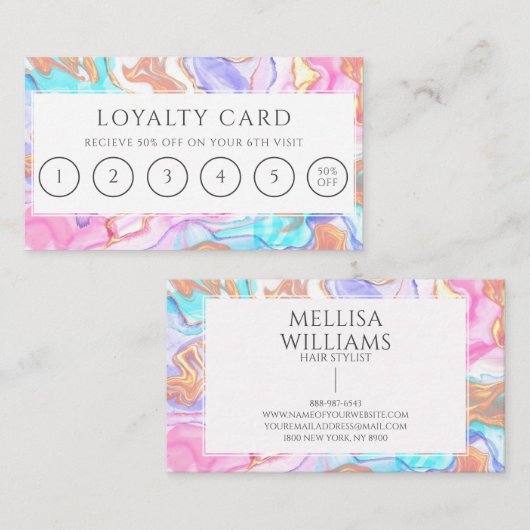 Blauw Roze Gouden Glitter Haar Stylist 6 Punch Klantenkaartje (Voorkant / Achterkant)