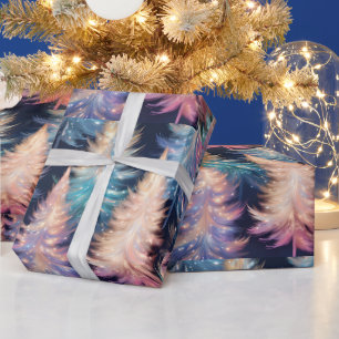 Blauw Roze Gouden Lichte Bomen Moderne Kerst Cadeaupapier