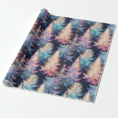 Blauw Roze Gouden Lichte Bomen Moderne Kerst Cadeaupapier (Uitgerold)