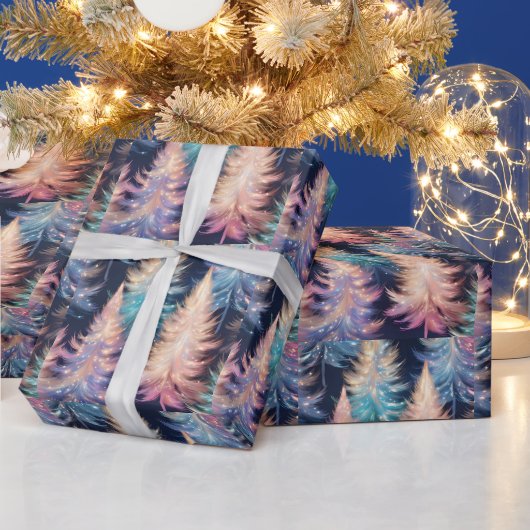 Blauw Roze Gouden Lichte Bomen Moderne Kerst Cadeaupapier (Feestdagen)