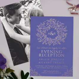 Blauw roze gouden monogram huwelijksreceptie foto folie uitnodiging