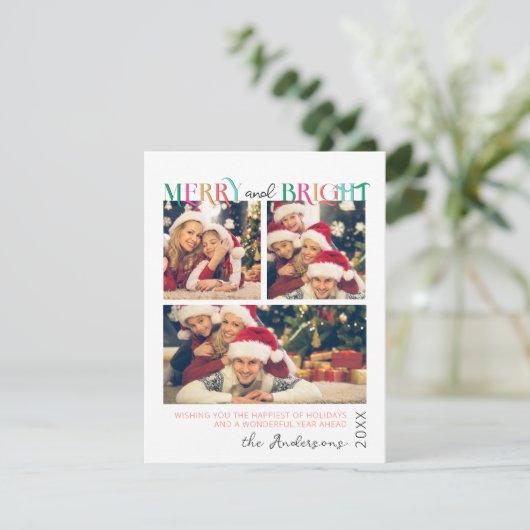 Blauw Roze Groen Vrolijk en Helder Sneeuwvlok 3 Fo Feestdagenkaart (Staand voorkant)