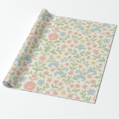 Blauw Roze Groene Bloemen Classic Grandmillennial Cadeaupapier (Uitgerold)