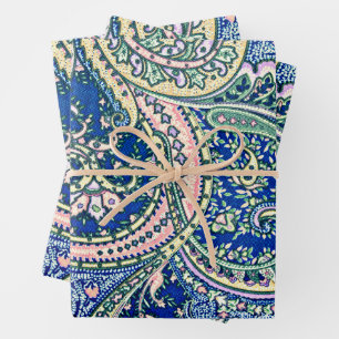 Blauw, Roze, Groene Paisley Bloemen, Bladeren Inpakpapier Vel