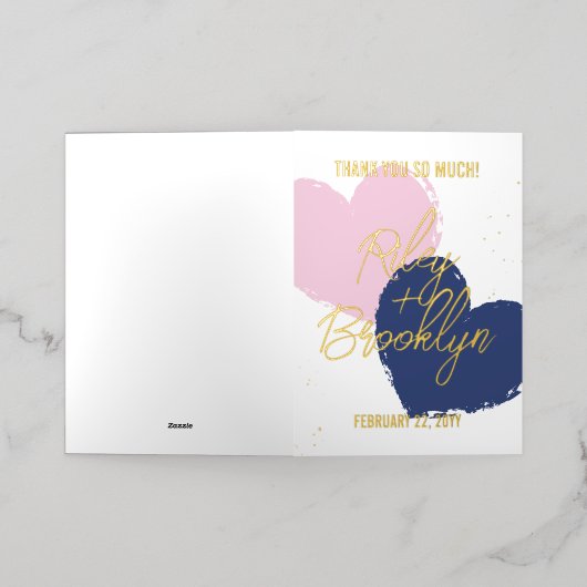 Blauw roze harten goudnamen Dank u Folie Wenskaart (Buiten Laag)