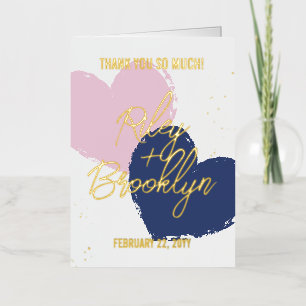 Blauw roze harten goudnamen Dank u Folie Wenskaart