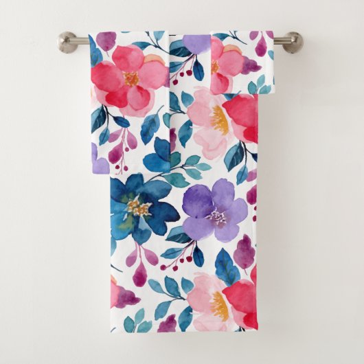 Blauw Roze Heldere Bloemenprint Bad Handdoek (Insitu)
