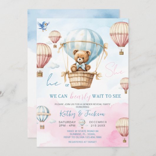 Blauw Roze Hete Luchtballon Geslacht Onthulling Ui Kaart (Voorkant / Achterkant)