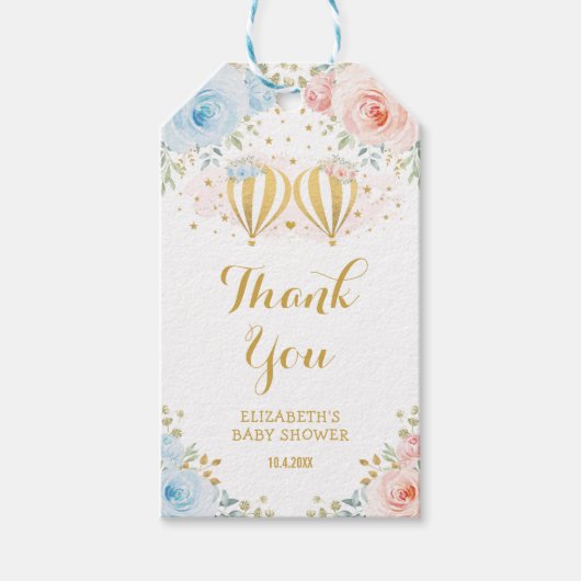 Blauw roze hete luchtballon, platte Baby shower Cadeaulabel (Voorkant)