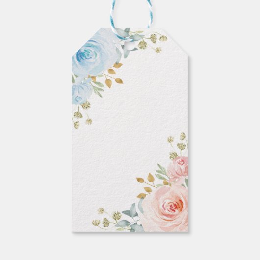 Blauw roze hete luchtballon, platte Baby shower Cadeaulabel (Achterkant)