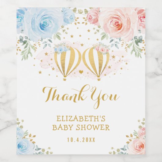 Blauw roze hete luchtballon, platte Baby shower Wijn Etiket (Enkel label)
