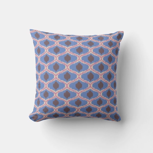 Blauw Roze Ikat Geometrisch Worp Kussen (Voorkant)