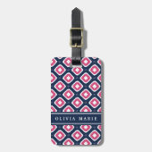 Blauw roze Ikat Mod Patroon met Naam Bagagelabel (Voorkant verticaal)
