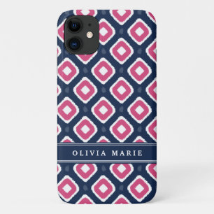 Blauw roze Ikat Mod Patroon met Naam Case-Mate iPhone Case