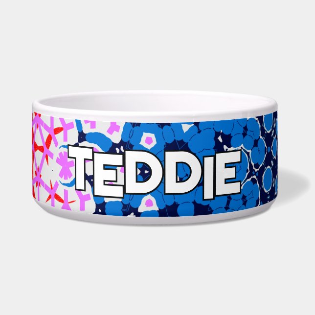 Blauw & Roze Kaleidoscopisch Ontwerp Huisdier Voerbakje (Voorkant)