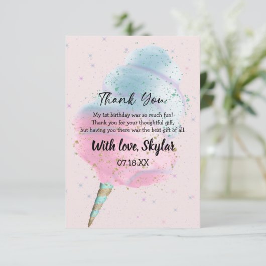 Blauw roze katoenachtig Snoep BronzeGold Glitter B Bedankkaart (Staand voorkant)