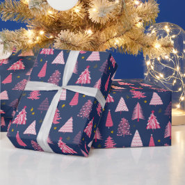 Blauw & Roze Kerstboom Patroon Cadeaupapier