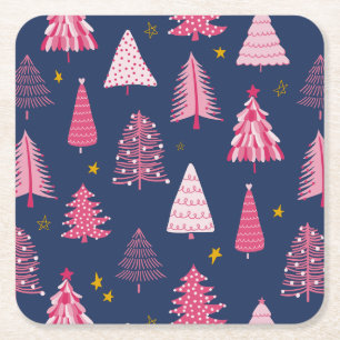 Blauw & Roze Kerstboom Patroon Kartonnen Onderzetters