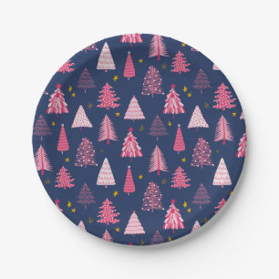Blauw & Roze Kerstboom Patroon Papieren Bordje