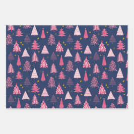 Blauw & Roze Kerstboompatroon Inpakpapier Vel