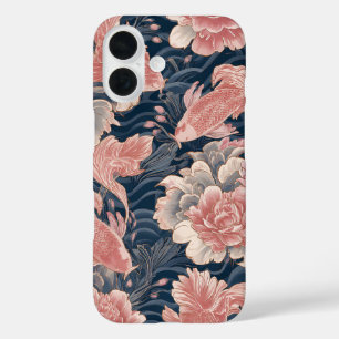 Blauw Roze Koi Chinoiserie Bloempatroon iPhone 16 Hoesje