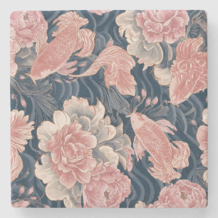Blauw Roze Koi Chinoiserie Bloempatroon Stenen Onderzetter