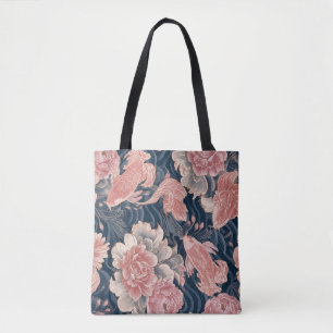 Blauw Roze Koi Chinoiserie Bloempatroon Tote Bag