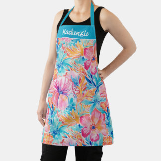 Blauw Roze Koraal Tropische Bloem Eigen Naam Schort