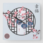 Blauw roze lantaarn & kersenbloesem Aziatisch ontw Vierkante Klok (Voorkant)