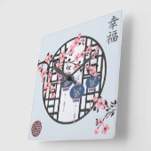 Blauw roze lantaarn & kersenbloesem Aziatisch ontw Vierkante Klok (Hoek)