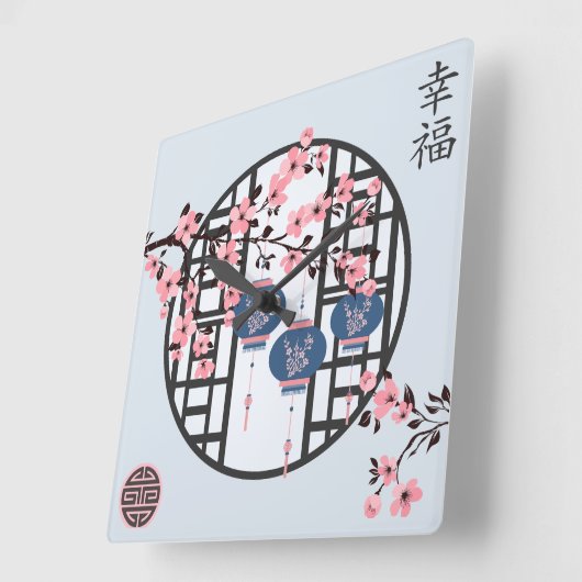 Blauw roze lantaarn & kersenbloesem Aziatisch ontw Vierkante Klok (Hoek)