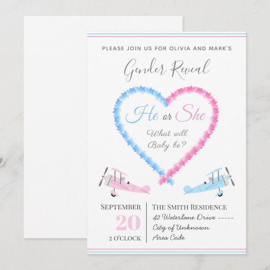 Blauw Roze Liefde Hart Rook Vliegtuig Geslacht Ont Kaart (Voorkant / Achterkant)