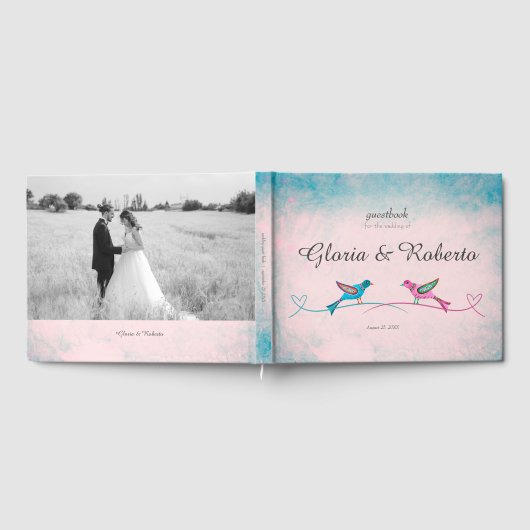 Blauw Roze Lovebirds Mexicaans Bruiloft Gastenboek (Volledig)