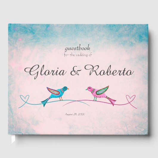 Blauw Roze Lovebirds Mexicaans Bruiloft Gastenboek (Voorkant)
