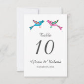 Blauw & Roze Lovebirds Mexicaans Trouwtafel Nummer Bedankkaart (Voorkant)