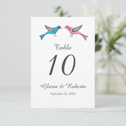 Blauw & Roze Lovebirds Mexicaans Trouwtafel Nummer Bedankkaart (Staand voorkant)