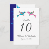 Blauw & Roze Lovebirds Mexicaans Trouwtafel Nummer Bedankkaart (Voorkant / Achterkant)