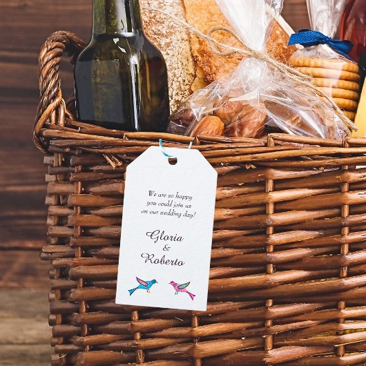 Blauw Roze Lovebirds Mexicaanse Bruiloft Welkom Cadeaulabel