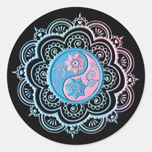 Blauw & Roze Mandala Ronde Sticker (Voorkant)